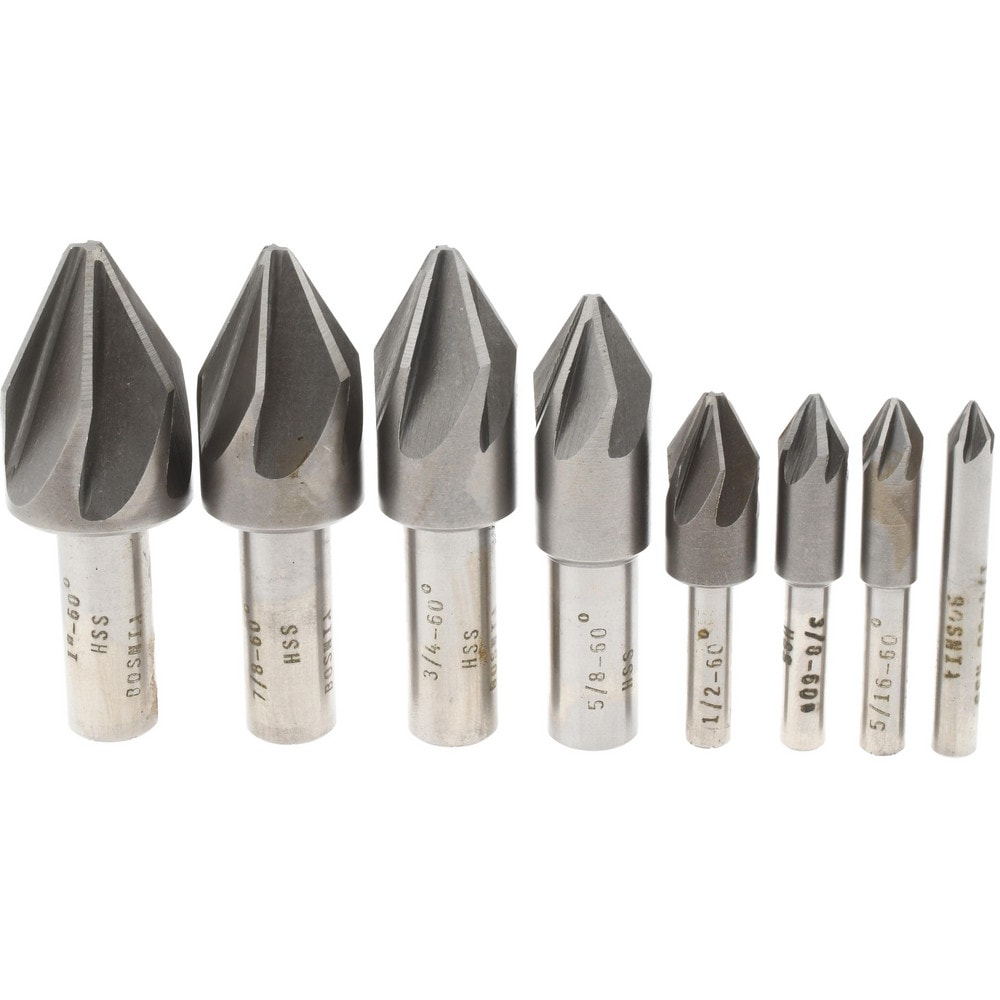 Countersink Set: 8 Pc, 1/4 to 1" Head Dia, 6 Flute, 60 ° Included Angle