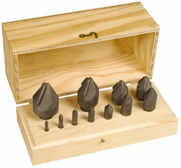 Countersink Set: 10 Pc, 1/4 to 1-1/2" Head Dia, 6 Flute, 82 ° Included Angle