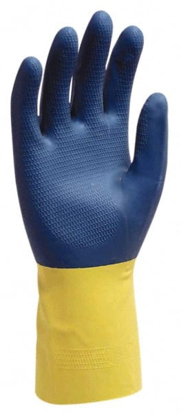 Safety Zone Chemical Resistant Gloves: Large, 22 mil Thick, Latex & Neoprene, Supported - Blue & Yellow, 12’’ OAL, Fishscale, FDA Approved