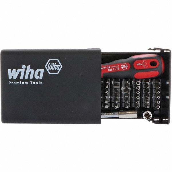 Wiha 39 Pc 1/4" Drive Tamperproof Screwdriver Bit Set - #1-2 Phillips, 6.5 & 8mm Slotted, 5/64-5/32" Hex, TR8-TR40 Torx, #0-3 Pozidriv, #1-3 Square