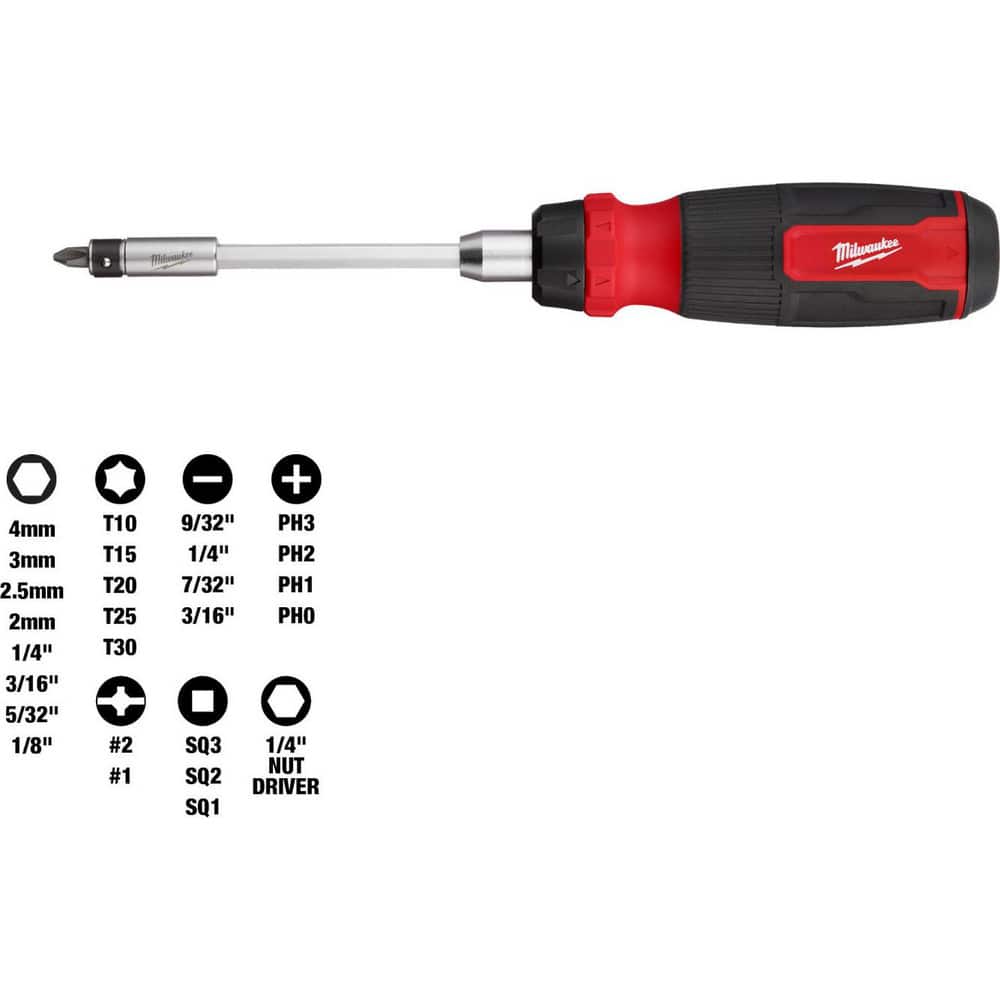 Bit Screwdrivers; Type: Multi-Bit Ratcheting Screwdriver ; Tip Type: Multi ; Drive Size (TXT): 1/4 ; Torx Size: T10, T15, T20, T25, T30 ; Phillips Point Size: Phillips:#0, #1, #2 & #3 ; Slotted Point Size: 1/4; 3/16; 7/32; 9/32