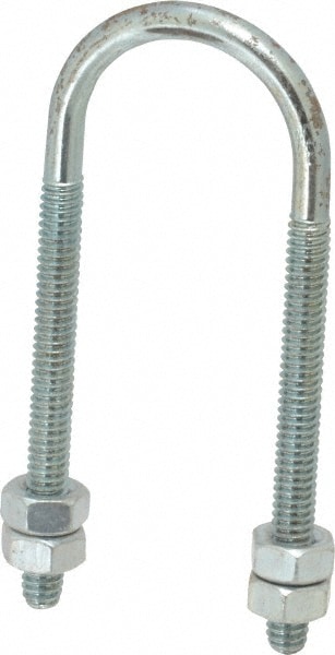 Round U-Bolt: Without Mount Plate, 1/4-20 UNC, 2-3/8" Thread Length, for 3/4" Pipe, Steel