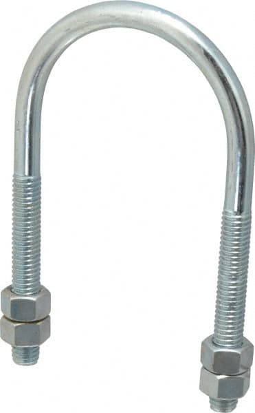 Round U-Bolt: Without Mount Plate, 3/8-16 UNC, 2-1/2" Thread Length, for 2" Pipe, Steel