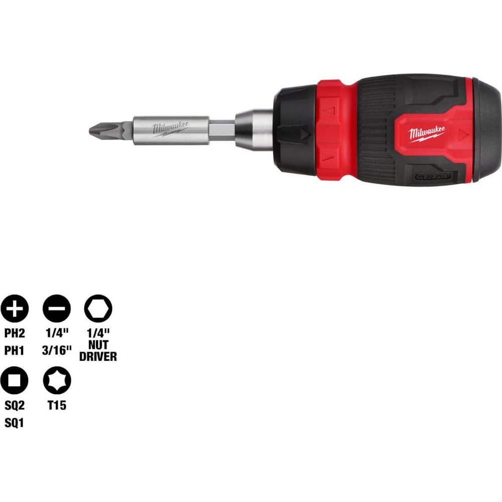 Bit Screwdrivers; Type: Multi-Bit Ratcheting Screwdriver; Compact ; Tip Type: Multi ; Drive Size (TXT): 1/4 ; Torx Size: T15 ; Phillips Point Size: Phillips:#1 & #2 ; Slotted Point Size: 1/4; 3/16