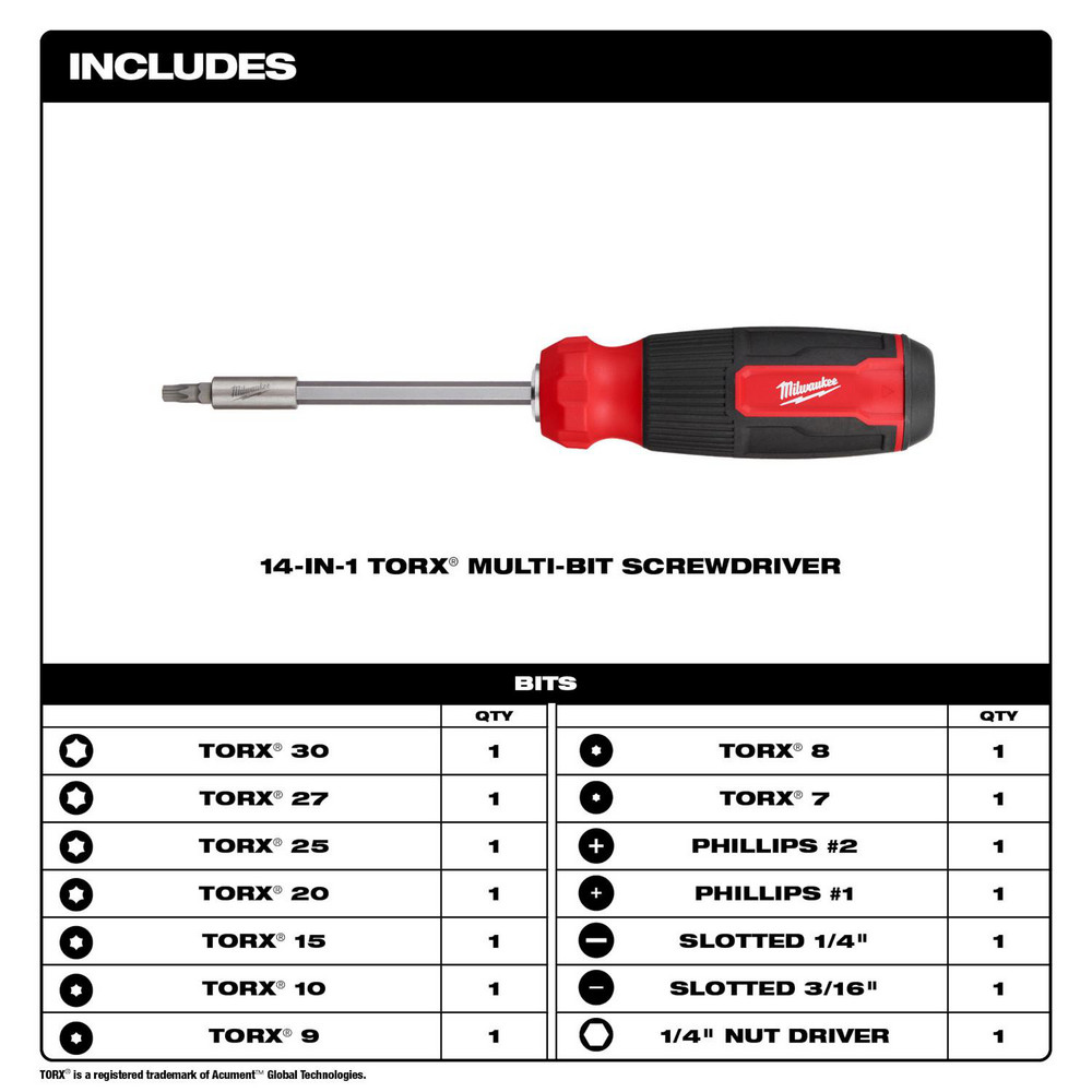 Milwaukee Tool Bit Screwdrivers; Type MultiBit Torx Driver; Tip