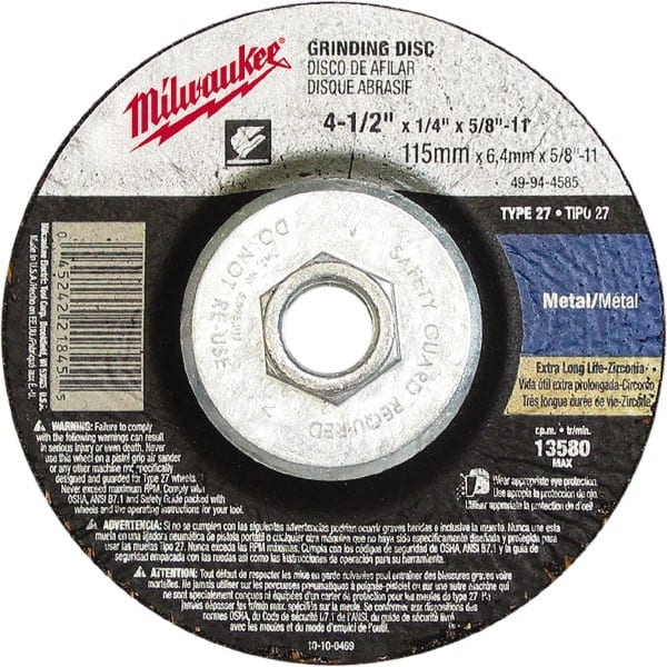 Depressed Grinding Wheel:  Type 27,  4-1/2" Dia,  1/4" Thick,  Zirconia Alumina