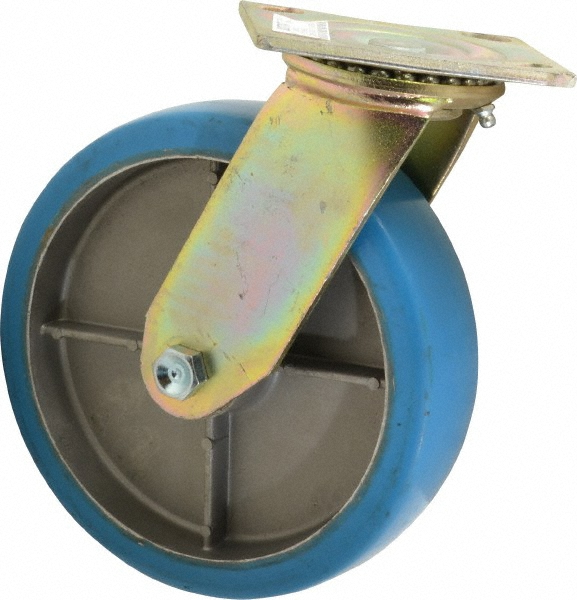 Value Collection Swivel Top Plate Caster: Polyurethane, 1,100 lb, 8" Dia, 2" Wide, 9-1/2" OAH - 4 x 4-1/2" Plate, 2-5/8 x 3-5/8 Slotted to 3 x 3"