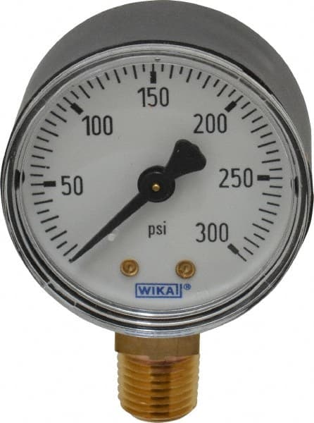 Pressure Gauge: 2" Dial, 0 to 300 psi, 1/4" Thread, NPT, Lower Mount