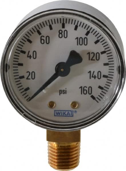 Pressure Gauge: 2" Dial, 0 to 160 psi, 1/4" Thread, NPT, Lower Mount
