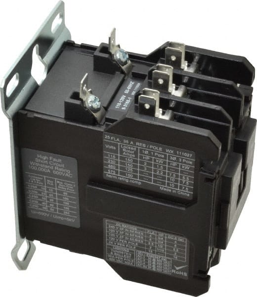 3 Pole, 25 Amp Inductive Load, 110 to 120 Coil VAC at 50/60 Hz, Nonreversible Definite Purpose Contactor