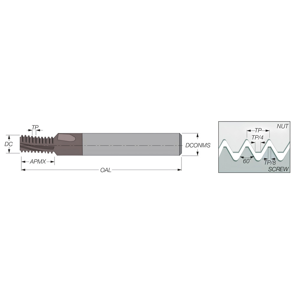 ToolFlo Helical Flute Thread Mill M8x1.25 M10x1.25, Internal, 4 Flute, 8.00 mm Shank Dia