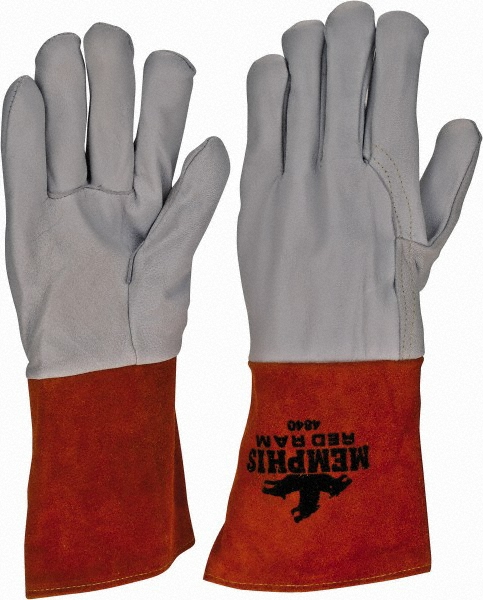 Welding Gloves: Memphis® Size Large, Leather, Pair, for MIG & TIG - Chestnut & White, 9" OAL