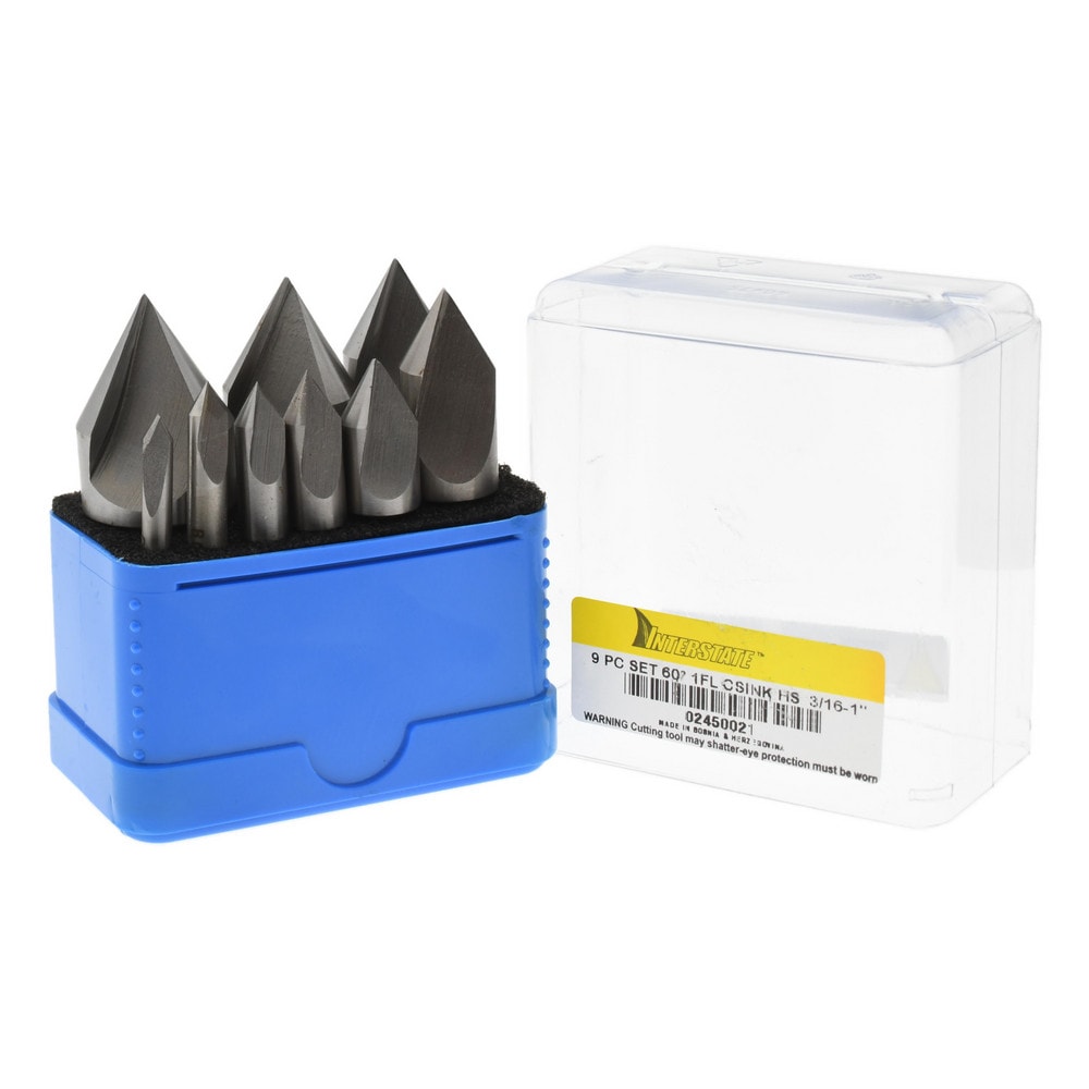 Countersink Set: 9 Pc, 3/16 to 1" Head Dia, 1 Flute, 60 ° Included Angle