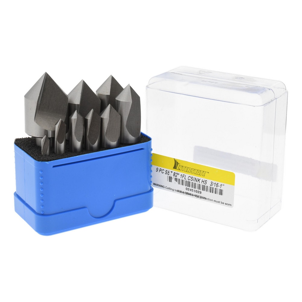 Countersink Set: 9 Pc, 3/16 to 1" Head Dia, 1 Flute, 82 ° Included Angle