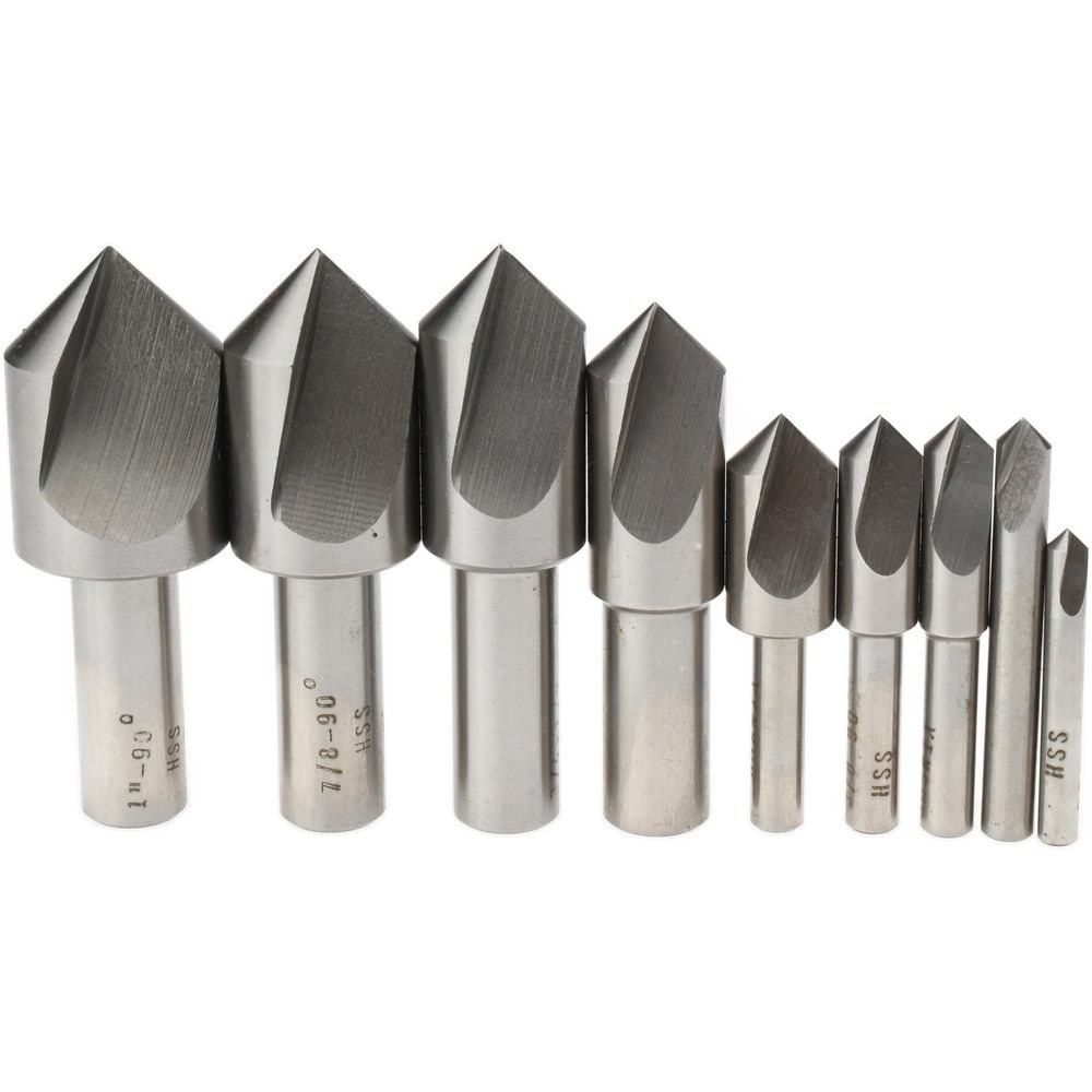 Countersink Set: 9 Pc, 3/16 to 1" Head Dia, 1 Flute, 90 ° Included Angle