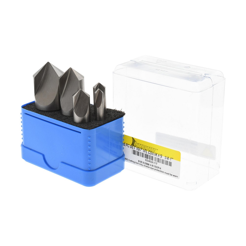 Countersink Set: 5 Pc, 1/4 to 1" Head Dia, 1 Flute, 100 ° Included Angle