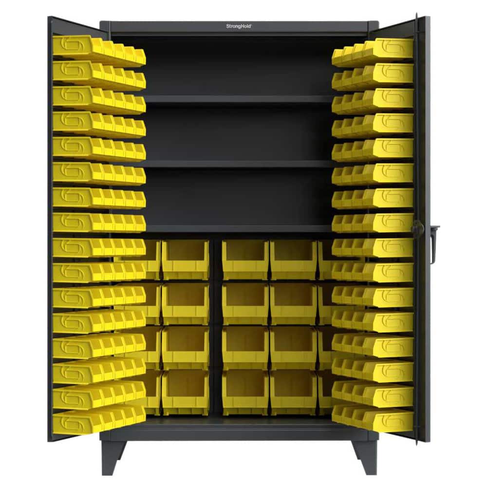Strong Hold 48 W x 24 D x 78 H Extreme Duty 12-Gauge Welded Steel Bin Cabinet with Multiple Sized Bins and 3 Adjustable Shelves, Fully Assembled, D