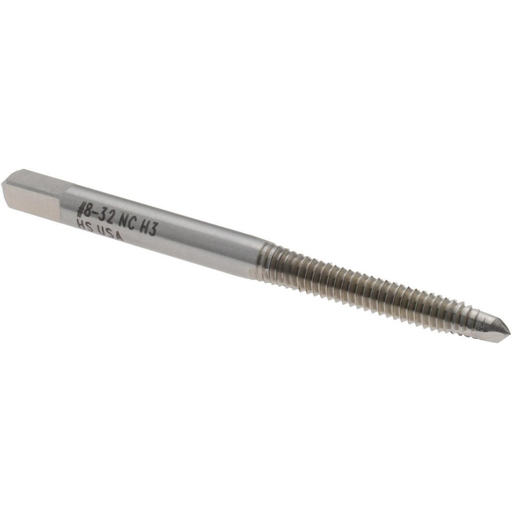 Spiral Point Tap: #8-32 UNC, 2 Flutes, Plug Chamfer, 2B Class of Fit, HSS, Bright/Uncoated Coated - 3/4" Thread Length, 2-1/8" OAL, Right Hand, H3, Series 0411