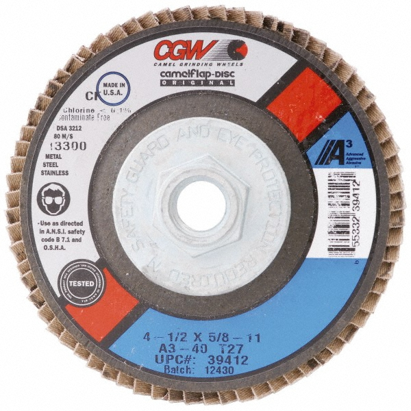 Camel Grinding Wheels | CGW Abrasives Flap Disc: 7" Dia, 7/8" Hole, 120 Grit, Aluminum Oxide, Type 29 - Coated, Fine Grade, Polyester-Backed, 8600