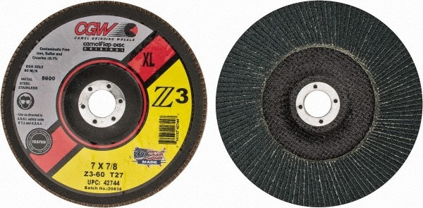 CGW Abrasives 42744 Flap Disc: 7/8" Hole, 60 Grit, Zirconia Alumina, Type 27 