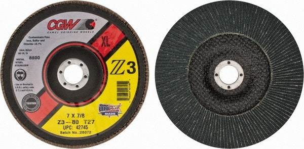 CGW Abrasives 42745 Flap Disc: 7/8" Hole, 80 Grit, Zirconia Alumina, Type 27 