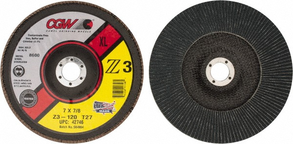 Camel Grinding Wheels | CGW Abrasives Flap Disc: 7" Dia, 7/8" Hole, 120 Grit, Zirconia Alumina, Type 27 - Coated, Fine Grade, Poly-Cotton-Backed