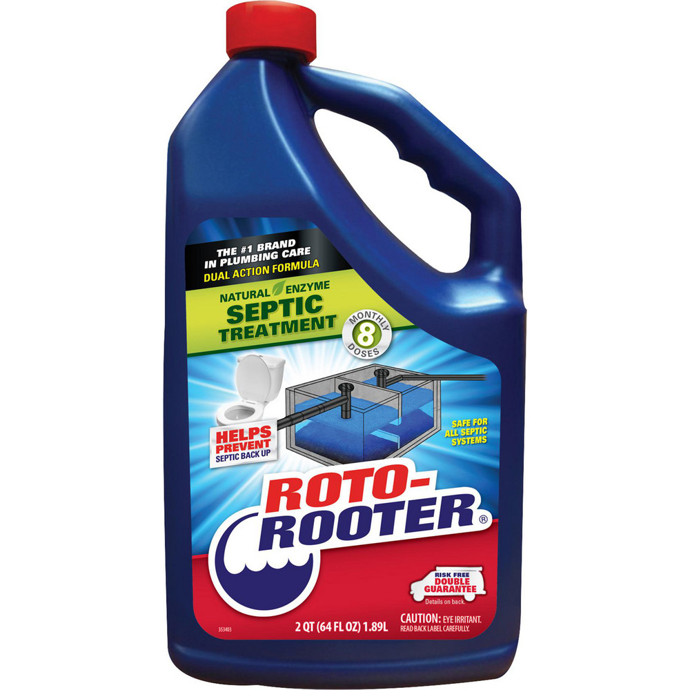 Roto-Rooter Septic Treatment is a professional strength, cost effective formula that helps prevent septic backups. Simply pour product in toilet bowl and flush. Helps prevent septic backups by breaking down waste, paper, fats, grease, oils, starch and protein. Works to remove unpleasant odors and dampness in leach fields. Natural enzyme, dual action formula provides continuous, long-term septic boost. Safe for all pipes and septic systems. Helps prevent costly backups. 64 oz bottle equals eight monthly doses.