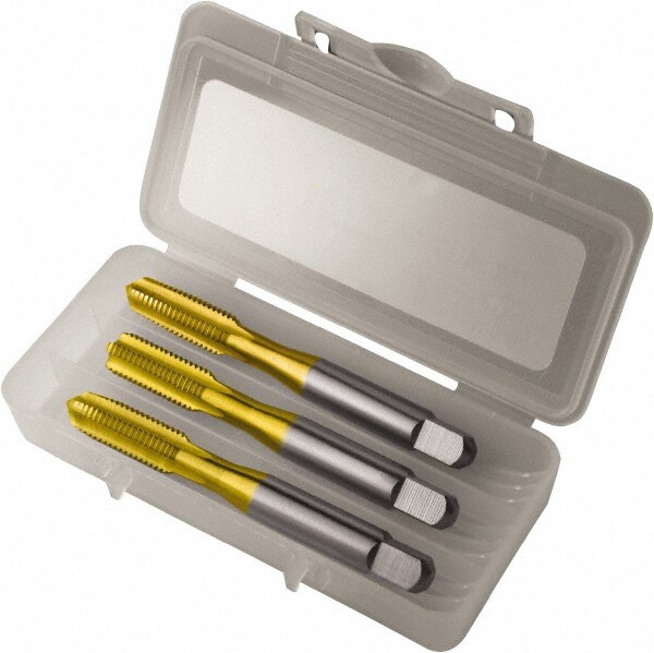 Tap Set: 1/2-13 UNC, 4 Flute, Bottoming Plug & Taper, High Speed Steel, TiN Finish