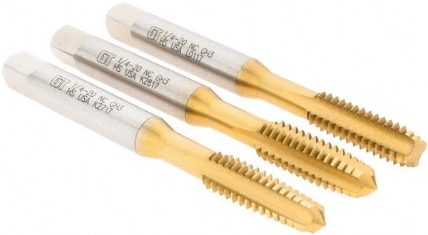 Greenfield Threading 174506 Tap Set: 1/4-20 UNC, 4 Flute, Bottoming Plug & Taper, High Speed Steel, TiN Finish 