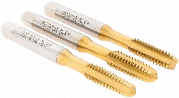 Greenfield Threading 174506 Tap Set: 1/4-20 UNC, 4 Flute, Bottoming Plug & Taper, High Speed Steel, TiN Finish Image