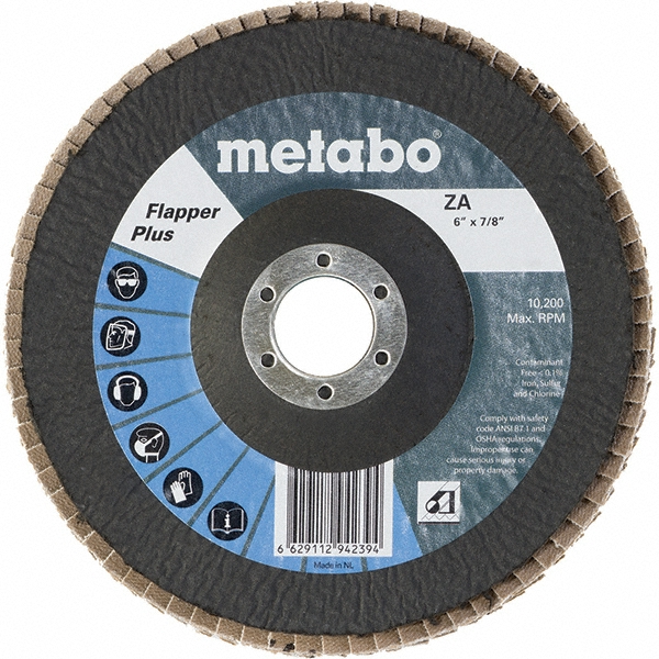 Flap Disc:  6" Dia, 7/8" Hole, Zirconia Alumina, Type 29 - Coated, Coarse Grade, Fiberglass-Backed, 10200 Max RPM