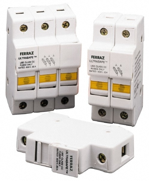 Fuse Holders; Compatible Fuse Class: CC ; Number of Poles: 3 ; Voltage: 1000 VDC; 800 VAC ; Amperage: 30 ; Wire Termination Type: Pressure Plate ; Compatible Fuse Length (Inch): 1-1/2