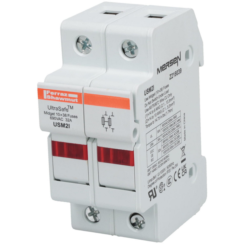 Ferraz Shawmut 2 Pole, 1000 VDC & 800 VAC, 30 Amp, DIN Rail Mount Fuse Holder - Compatible w/ CC Class, 1-1/2" Long x 1.38" Wide & 13/32" Dia