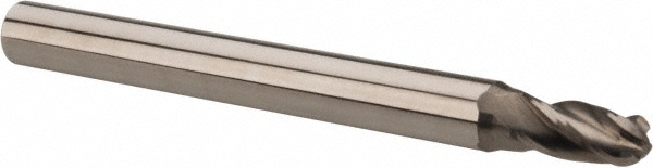 OSG Ball End Mill: 5/32" Dia, 5/16" LOC, 4 Flute, Solid Carbide - 2" OAL, 3/16" Shank Dia, 30 deg Helix, Bright/Uncoated Finish, Single End, 414BN