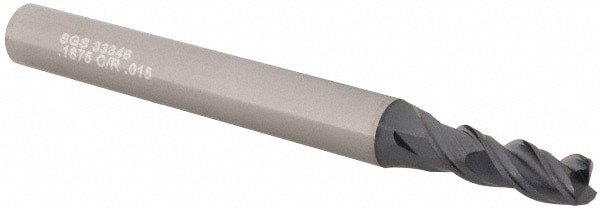 Corner Radius End Mill: 3/16" Dia, 9/16" LOC, 0.015" Radius, 3 Flutes, Solid Carbide
