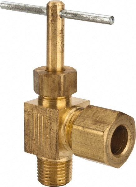 Parker NV104C-5-2 Needle Valve: Angled, 5/16 x 1/8" Pipe, Compression to Male Pipe End, Brass Body Image