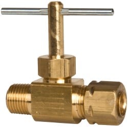 Needle Valve: Straight, 1/4 x 1/8" Pipe, Compression to Male Pipe End, Brass Body