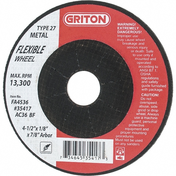 Depressed Center Wheel: Type 27, 4-1/2" Dia, Aluminum Oxide