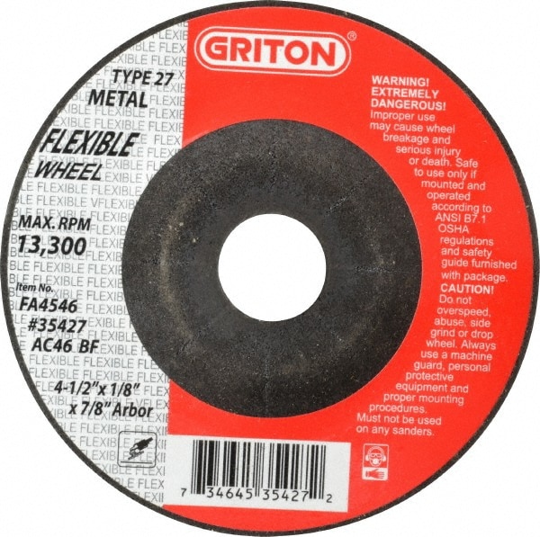 Depressed Center Wheel: Type 27, 4-1/2" Dia, Aluminum Oxide