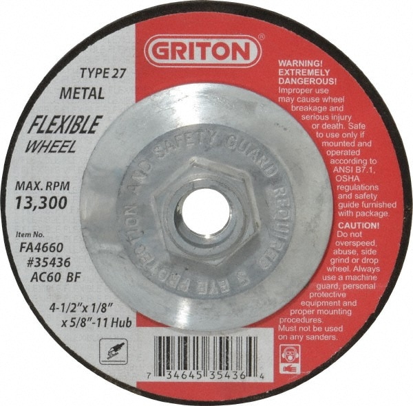 Depressed Center Wheel: Type 27, 4-1/2" Dia, Aluminum Oxide