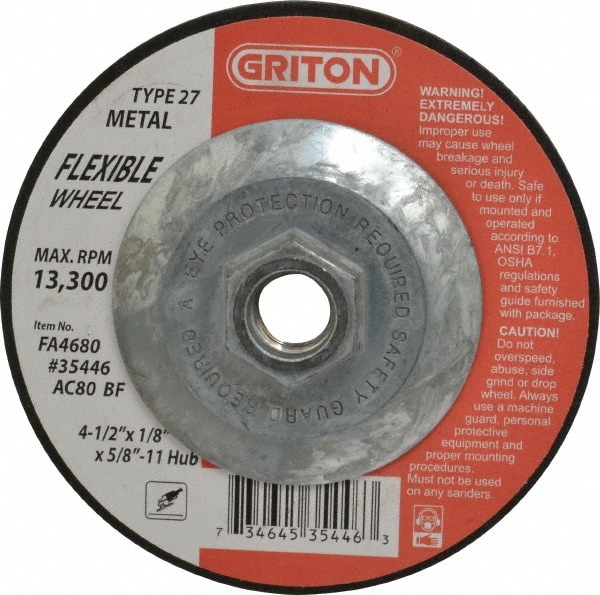 Depressed Grinding Wheel:  Type 27,  4-1/2" Dia,  1/8" Thick,  Aluminum Oxide