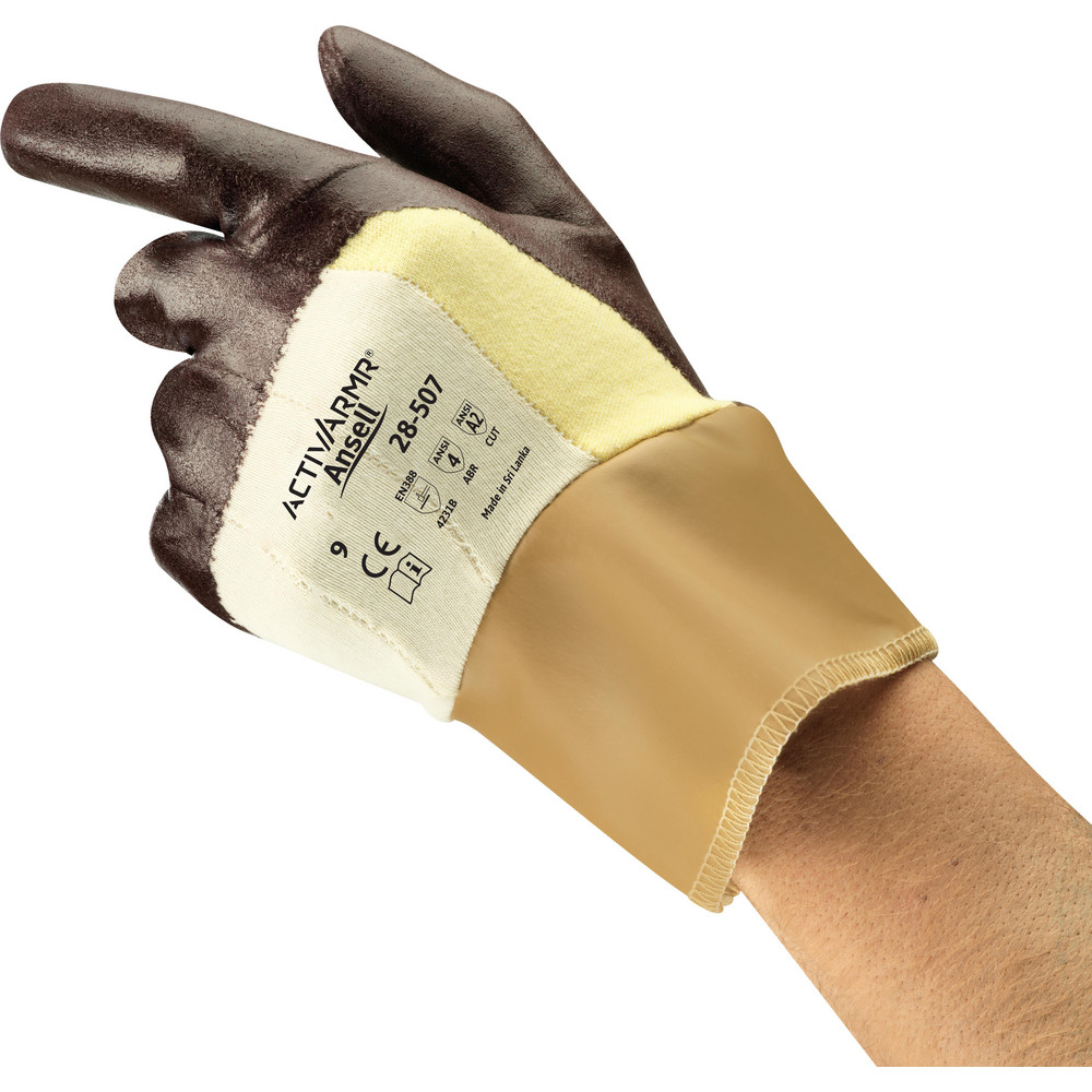 Cut, Puncture & Abrasion-Resistant Gloves: Activarmr 28-507, Cut A2, Puncture 3, Abrasion 4, Size X-Large, 11-1/4" Long - Kevlar & Cotton, Nitrile-Coated, 3/4 Dip Coating, Smooth Grip, Brown on Brown<multisep/>White<multisep/>Yellow Pair