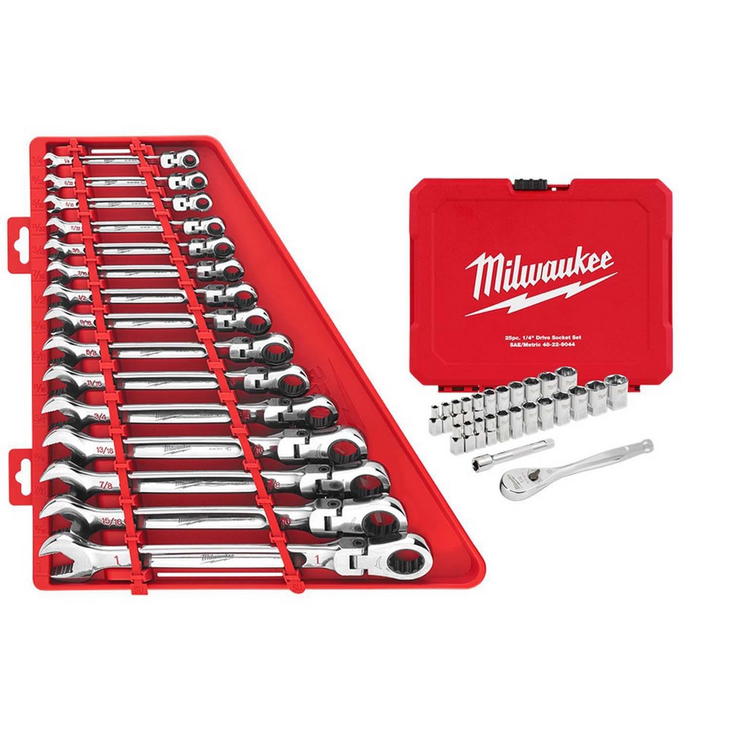 Milwaukee Tool | Milwaukee Combination Wrench Set: 40 Pc, 1/4 to 1" Wrench, Inch - 14 in to 20.9 in Long, 0 deg Head Offset Angle, Chrome Finish