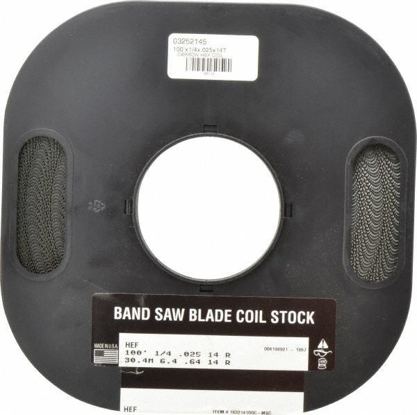 Band Saw Blade Coil Stock: 1/4" Blade Width, 100' Coil Length, 0.025" Blade Thickness, Carbon Steel - Toothed Edge, Raker Set, Flexible Back, Constant Pitch