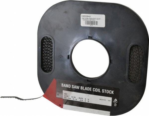 Band Saw Blade Coil Stock: 3/8" Blade Width, 100' Coil Length, 0.025" Blade Thickness, Carbon Steel - Toothed Edge, Raker Set, Flexible Back, Constant Pitch