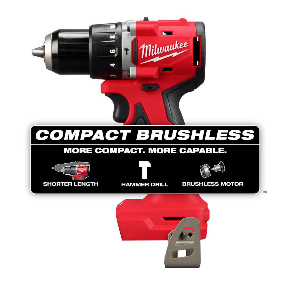 Cordless Drills; Chuck Size (Inch): 1/2 ; Chuck Type: All-Metal Keyless Ratcheting ; Reversible: Yes ; Speed (RPM): 0 to 1700 ; Batteries Included: No ; Includes: (1) 3602-20 M18 Compact Brushless Hammer Drill Driver, (1) Belt Clip
