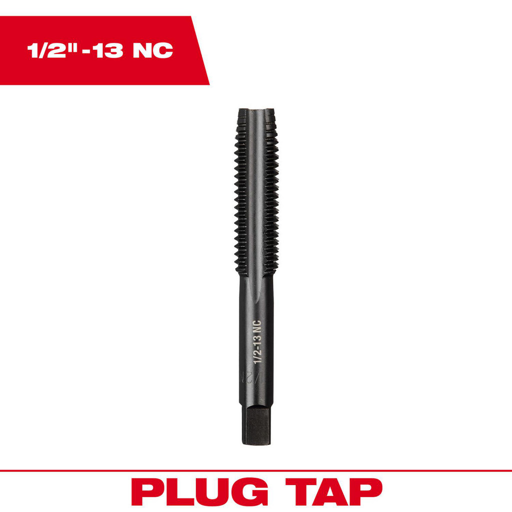 Milwaukee Tool | Milwaukee Straight Flute Tap: 1/2-13 4 Flute, Plug Chamfer, 2B Class of Fit, High-Carbon Steel, Black Oxide Finish - 1-1/2" Thread