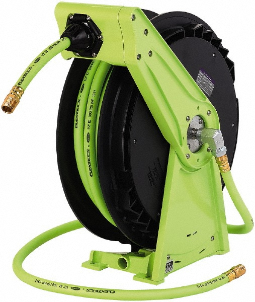 Hose Reel with Hose: 1/2" ID Hose x 50', Spring Retractable - 300 psi, 1/2" FNPT Inlet
