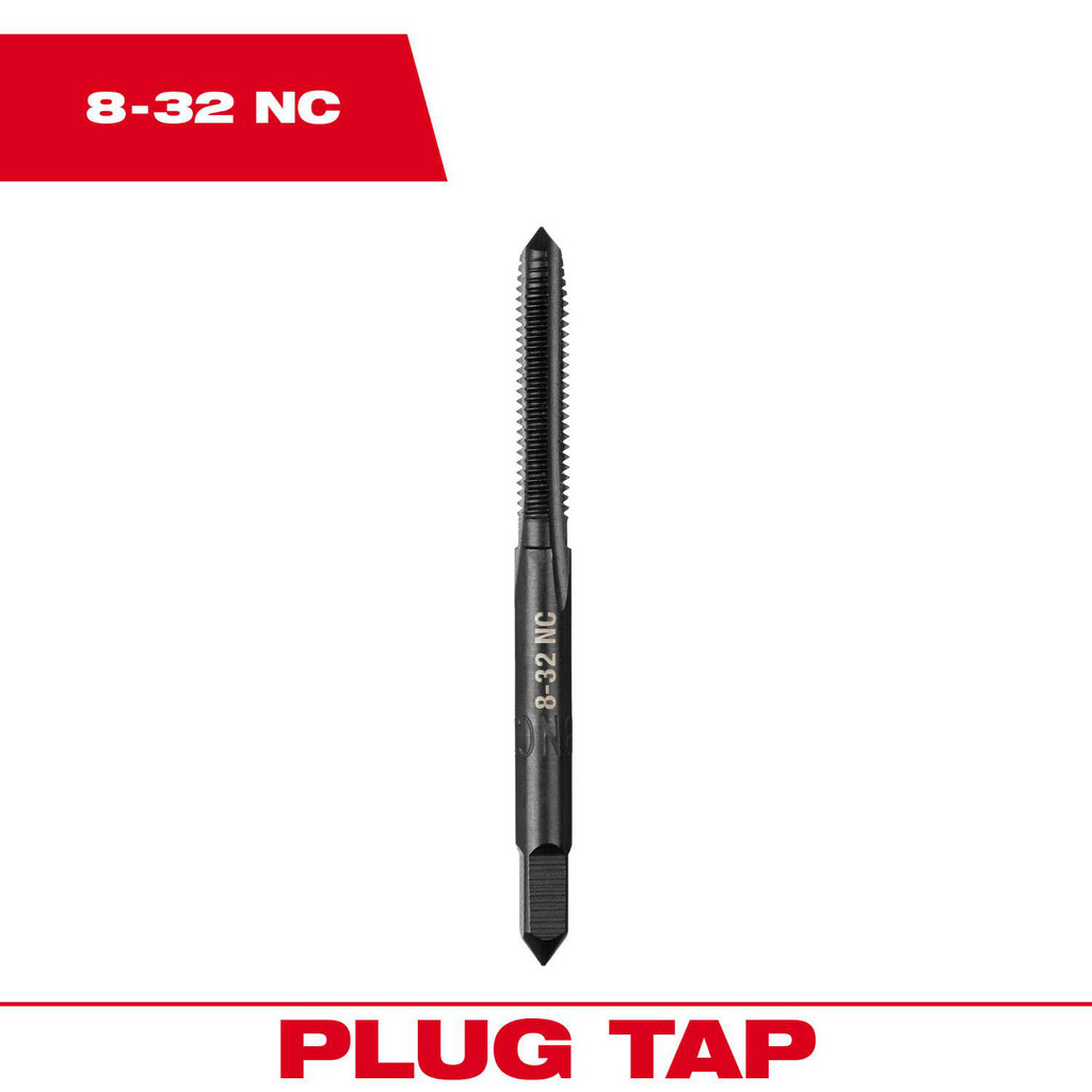 Milwaukee Tool | Milwaukee Straight Flute Tap: #8-32 3 Flute, Plug Chamfer, 2B Class of Fit, High-Carbon Steel, Black Oxide Finish - 3/4" Thread