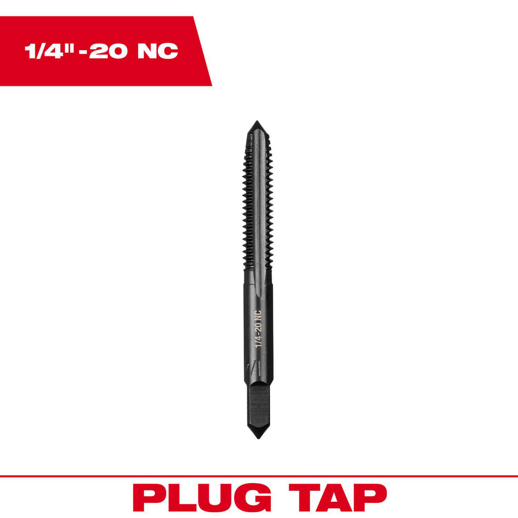 Milwaukee Tool | Milwaukee Straight Flute Tap: 1/4-20 3 Flute, Plug Chamfer, 2B Class of Fit, High-Carbon Steel, Black Oxide Finish - 1" Thread
